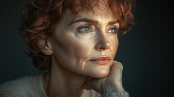 Thoughtful woman with curly hair and blue eyes in soft light photo