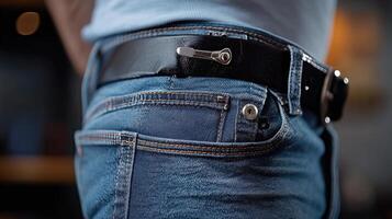 Close-up of a person's hip with a microphone clip attached to a blue jean pocket photo