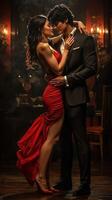 Elegant couple dancing in a romantic setting with dramatic lighting and fashionable attire photo
