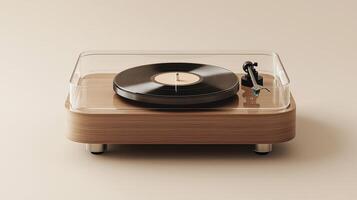 Modern minimalist turntable with transparent cover and black vinyl record on a beige background photo