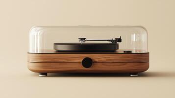 Stylish retro turntable with wooden finish and transparent dust cover photo