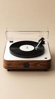 Retro style turntable record player with transparent dust cover and black vinyl record photo