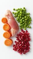 Raw chicken breast with sliced carrots, green peas, and pomegranate seeds arranged on a white background photo