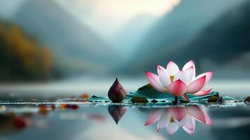 Beautiful pink lotus flower reflected in serene lake with lush green leaves and a soft background photo