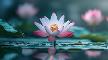 Beautiful lotus flower blooming in a serene water environment with reflections photo