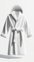 Stylish white hooded bathrobe with belt on a plain background photo