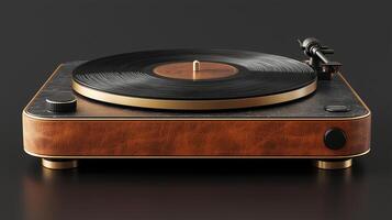 Stylish turntable with vintage design and black vinyl record on a dark background photo