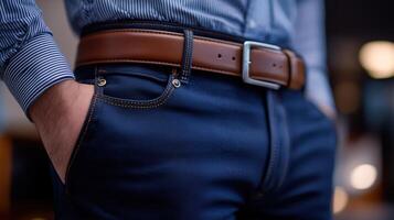 Stylish men's outfit showcasing fitted navy blue jeans and a brown leather belt photo