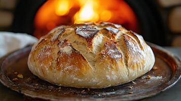 Freshly baked artisan bread with crispy crust in front of a warm oven photo