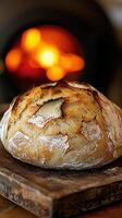 Freshly baked artisan bread with crispy crust on a wooden board photo