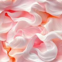 Close-up of flowing fabric in delicate pink and white waves, showcasing texture and softness photo