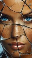 Close-up of a woman's face seen through shattered glass, highlighting blue eyes and skin texture photo