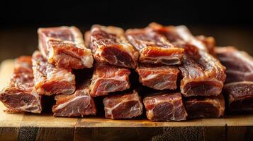 Stack of delicious succulent pork ribs on a wooden cutting board photo