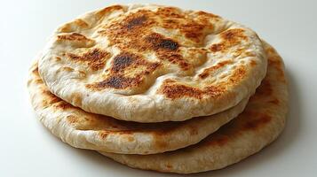 Freshly baked flatbreads stacked on white background photo