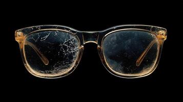 Vintage worn-out glasses with scratched lenses on black background photo