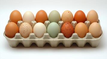 Colorful eggs in a carton. A display of fresh farm eggs with varied hues and patterns photo