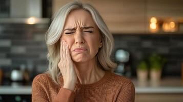 Middle-aged woman experiencing dental pain in modern kitchen setting photo