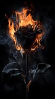Black rose on fire with flames and smoke in a dark background photo