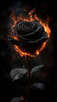 Black rose surrounded by flames with dark background photo