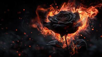 Black rose surrounded by flames on dark background photo