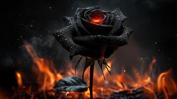 Black rose with red heart glowing in flames and smoke background photo