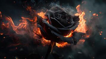 Stunning black rose surrounded by fiery flames and sparks on dark background photo