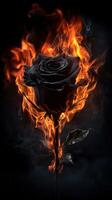Black rose surrounded by flames and smoke on a dark background photo