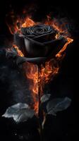 Black rose with fiery flames and smoke on dark background photo