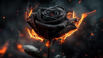 Ignited black rose with water droplets surrounded by flames and smoke photo