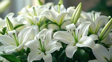 Beautiful blooming white lilies with green accents in a soft-focus setting photo
