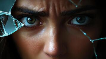 Close-up portrait of a woman's face with intense eyes reflected in broken glass photo