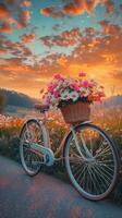 Vintage bicycle with a basket full of colorful flowers against a sunset sky photo