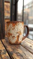 Rustic ceramic mug with a weathered texture on a wooden table in a cozy cafe setting photo