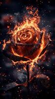 Fiery rose with flames and sparks on dark background photo