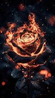 Burning rose. A stunning visual of a black rose surrounded by flames and dance of sparks photo