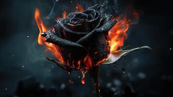 Black rose with flames and water droplets on dark background photo