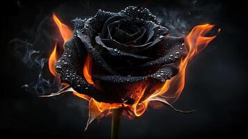 Black rose surrounded by flames and smoke with dew drops on petals photo