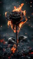 Black rose surrounded by flames in a dark environment with ash and smoke photo