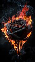 Black rose on fire with flaming flames and smoke background photo