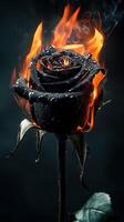 Black rose on fire with water drops and dramatic flames against dark background photo