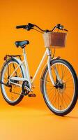 Classic white bicycle with basket against bright orange background photo