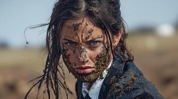 Intense portrait of a muddy woman with piercing blue eyes and disheveled hair in a rural setting photo