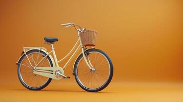Vintage-style yellow bicycle with basket against a vibrant orange background photo