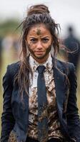 Confident woman covered in mud with a serious expression in a formal suit at an outdoor event photo