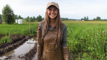 Smiling female farmer covered in mud stands proudly in a lush green field with a muddy track photo