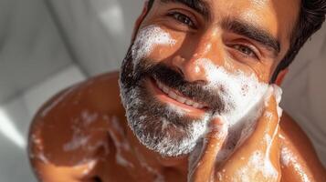 Smiling man with beard applying facial cleanser in bright bathroom photo