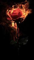 Fiery red rose surrounded by flames on a black background photo