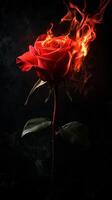Burning red rose with flames against dark background photo
