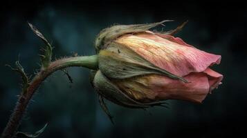 Close-up of a beautiful withered pink rose in dark background photo