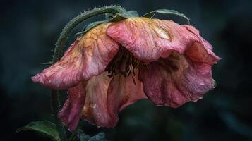 Close-up of a delicate pink flower with water droplets on petals against a dark background photo